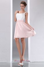 Scoop White and Pink Mini-length Taffeta Prom Dress