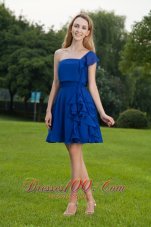 Mini-length One Shoulder Ruffled Blue Bridesmaid Dress