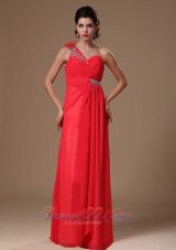 Beaded One Shoulder Coral Red Empire Prom Dress