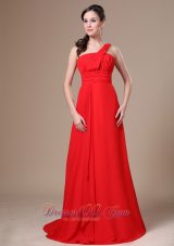 Chiffon Brush Train Red Prom Dress One Shoulder