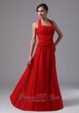 Red Chiffon Ruched Halter Handmade Flowers Prom Dress