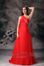 One Shoulder Evening Dress Red Appliques Chiffon