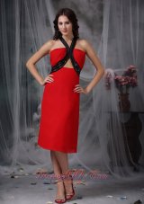 Red V-neck Tea-length Prom Dress with Open Back