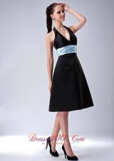 Halter Knee-length Black Bridesmaid Dress with Blue Belt