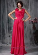 Ruched Prom Gown Coral Red V-neck Chiffon