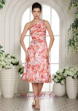 Printing One Shoulder Tea-length Prom Dama Dresses