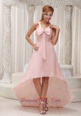 Light Pink High-low Prom Gown Bowknot Beading Chiffon