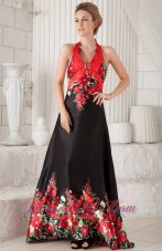 Red and Black Evening Dress Princess Halter Printing