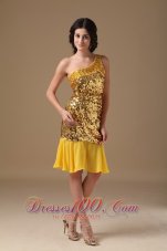 Gold Prom Dress One Shoulder Knee-length Sequin and Chiffon