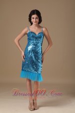 Teal Column Straps Knee-length Sequin Beading Prom Gowns