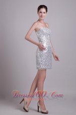 Silver Sequins Column Strapless Short Cocktail Nightclub Dress