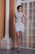 Feather Elastic Woven Satin Cocktail Dress Scoop Mini-length