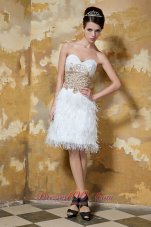 White Knee-length Satin and Feather Beading Evening Nightclub Dress