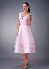 Baby Pink V-neck Layered Tea-length Bridesmaid Dress