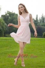 V-neck Baby Pink Mini-length Chiffon Bridesmaid Dress