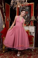 Tea-length Halter Pink Chiffon Homecoming Dama Dresses