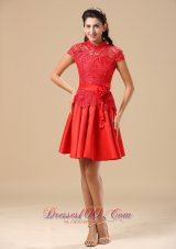 High Neck Lace Red Handmade Flowers Homecoming Dress