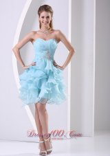 Aqua Blue Prom Cocktail Dress Ruffles Ruching Beading