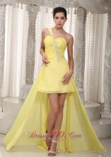 One Shoulder High Low Yellow Prom Dress Ruche Beading