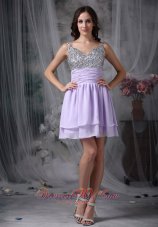 Lialc Straps Short Prom Dress Chiffon Beading Mini-length