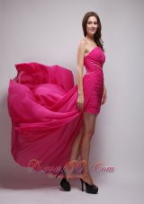 Hot Pink One Shouleder Strap Beading Evening Dress
