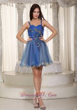 Straps Mini-length Organza Appliques Prom Dress Blue
