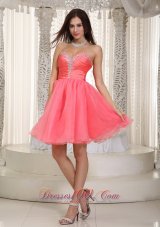 Watermelon Red Strapless Knee-length Beading Prom Dress
