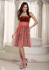 Strapless Printing and Tulle Belt Prom Graduation Dress Rust Red