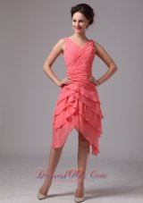 V Neck Ruches Layered Watermelon Prom Homecoming Dress