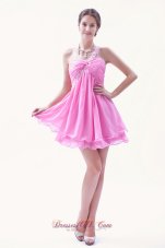 Rose Pink Beading Prom Dress One Shoulder Mini