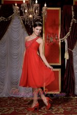 Red Empire Prom / Homecoming Dress Beading Tea-length