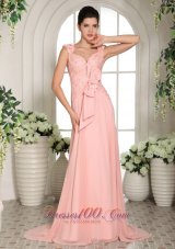Hand Made Flowers Straps Baby Pink Prom Evening Gowns