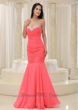 Coral Red Mermaid Prom Homecoming Dress Beaded