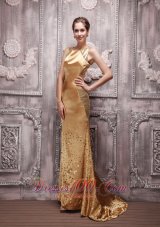 Sequin Gold Bateau Beading Prom Evening Dress Brush