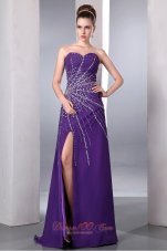 Purple Sweetheart High Slit Prom Evening Dress Chiffon Beaded