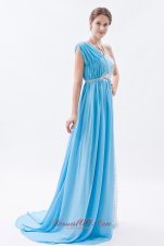 One Shoulder Baby Blue Lace Prom Evening Dress Beaded