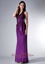Halter Eggplant Purple Bridesmaid Dress Bow Train