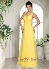 Appliques Ruched Yellow Prom Evening Dress With Straps