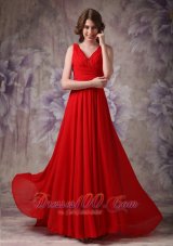 V-neck Red Prom Evening Dress Ruch Chiffon Brush Train