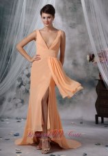High Slit Light Orange Prom Evening Dress Ruch V-neck