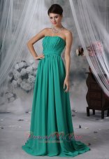 Ruched Brush Train Turquoise Blue Prom Evening Dress