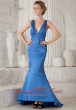 Blue V-neck Prom Evening Dress Mermiad Ruch Brush