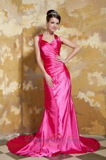 V-neck Beading Hot Pink Prom Evening Dress Train