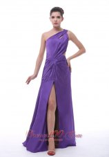 Ruched Shoulder High Slit Purple Prom Evening Dress