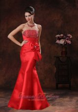 Beaded Mermaid Red Prom Evening Dress Satin Bow