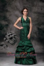 Dark Green Mermaid Halter Prom Evening Dress Beaded