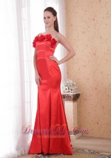 Red Mermaid Strapless Court Satin Floral Prom Dress