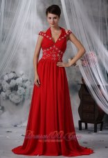 V-neck Beaded Ruched Red Chiffon Prom Evening Dress