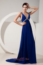 Peacock Blue V-neck Prom Dress Empire Chiffon Beading