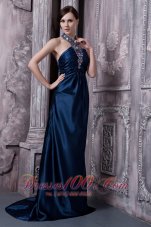 Navy Blue Prom Evening Dress Column Halter Elastic Woven